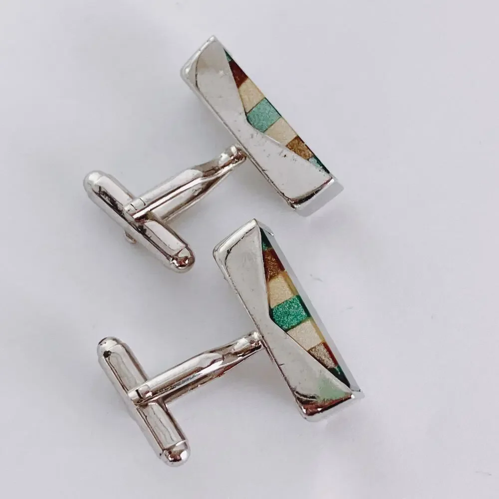 Vintage 1970s Striped Glass Inlay Modernist Geometric Cufflinks Mens Mod Jewelry